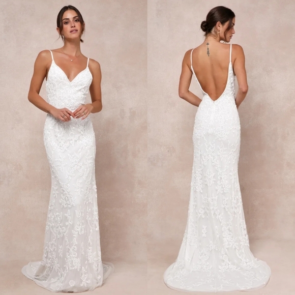Lulus Luxe Bridal Everlasting Passion Sequin Beaded Backless Maxi Dress Wedding - Picture 1 of 12